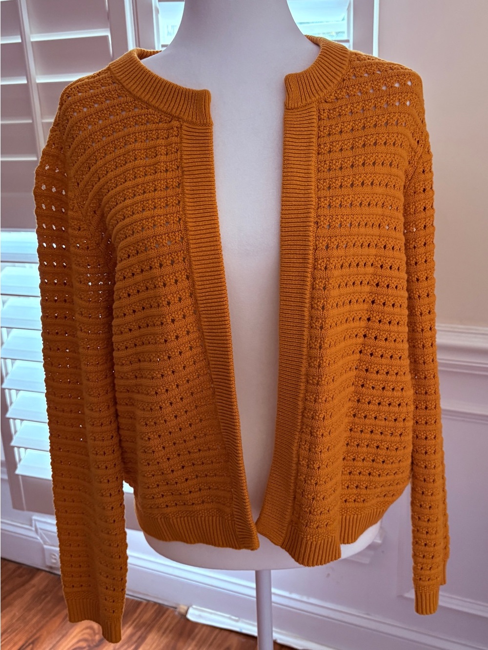 Ann Taylor Mustard Open-Front Pointelle Cardigan